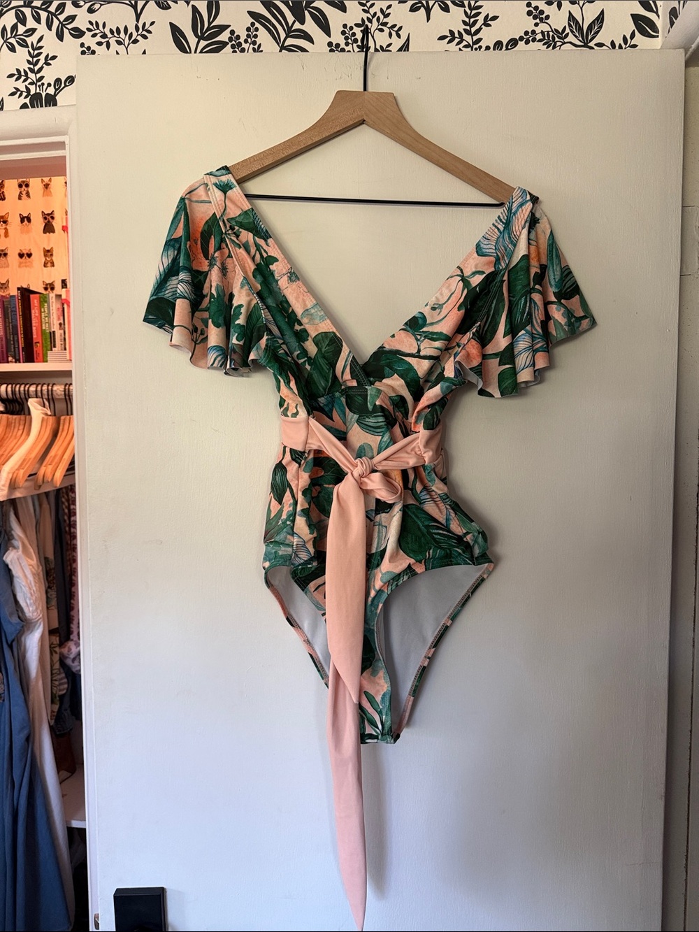 One-Piece Swimsuit in Green and Peach with Tropical Leaf Print